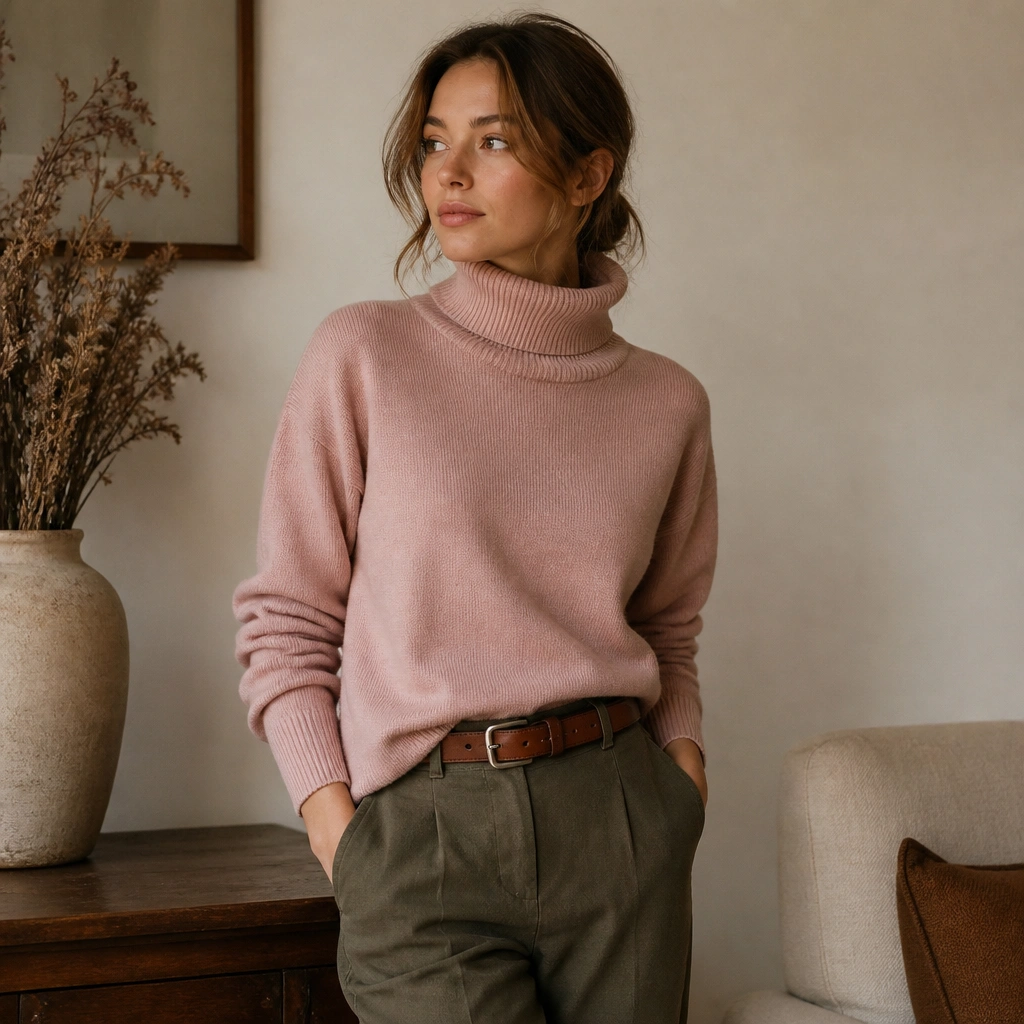 A dusty pink turtleneck sweater with olive trousers and a brown leather belt; the outfit is photographed in a cozy indoor setting.