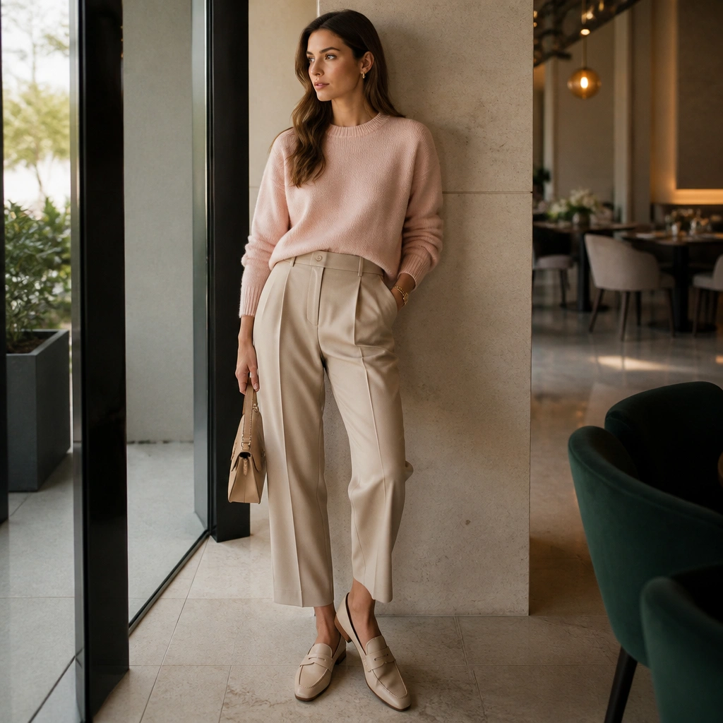 A blush pink crewneck sweater with beige pleated trousers and neutral loafers; the photo looks like a polished office-to-dinner outfit.