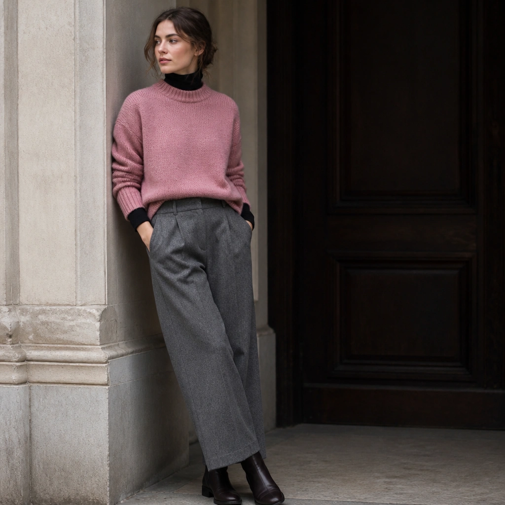 A pink sweater worn over a black turtleneck, with gray wool trousers and dark boots; the image shows a layered cold-weather style.