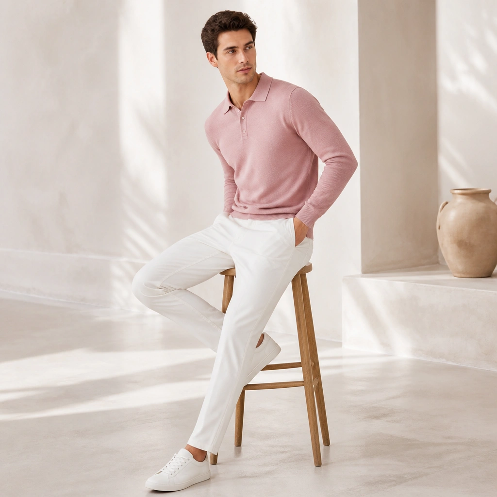 A pink knit polo-style sweater with a short placket and collar, paired with white chinos and low-profile white trainers; the background is bright and clean.