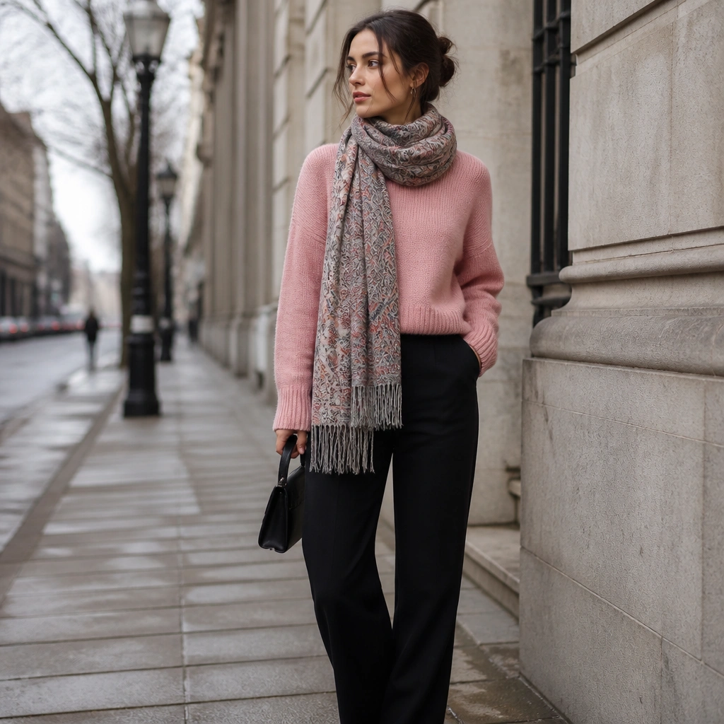 A rose pink sweater paired with black straight-leg pants and a patterned scarf in muted tones; styling looks like a winter street photo.