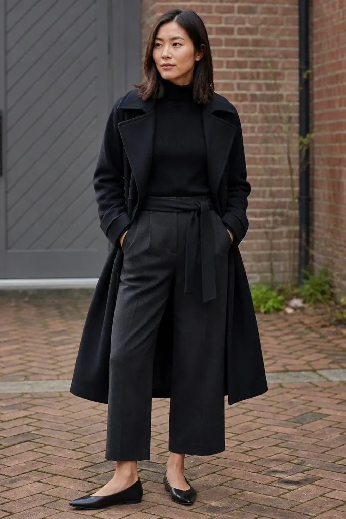 Black trench over a matte turtleneck with cropped wide-leg trousers and pointed flats