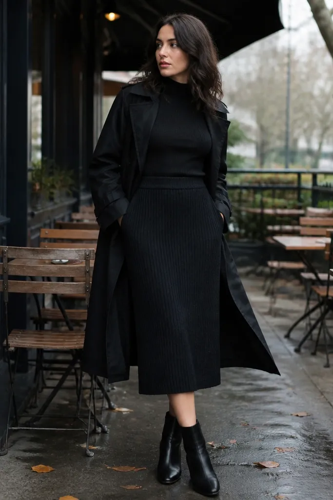 Black ribbed bodysuit and knit midi skirt under a black trench with sleek ankle boots