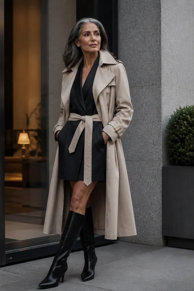 Black blazer dress layered with a black trench and knee-high boots
