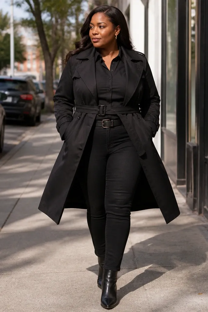 Black trench worn over a black button-up with black jeans and a belt-forward waist