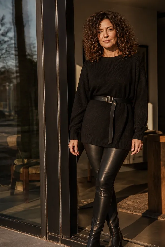 Black leather leggings with an oversized black sweater under a black trench