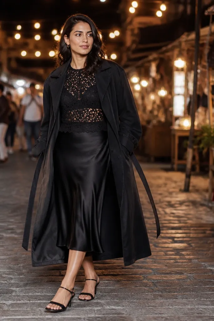 Black crochet top with a satin black midi skirt under an open black trench