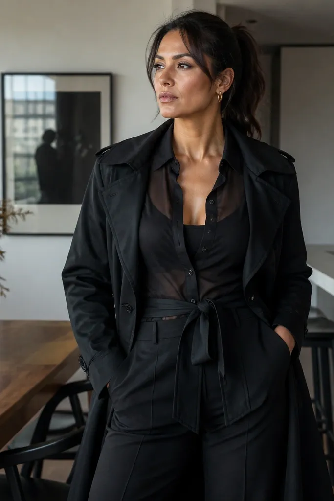 Black sheer button-up layered over a black bodysuit with tailored black trousers