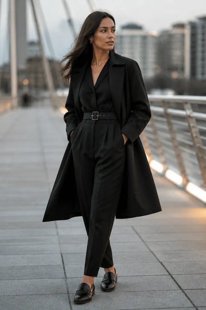 Black jumpsuit belted with a trench and sleek black loafers