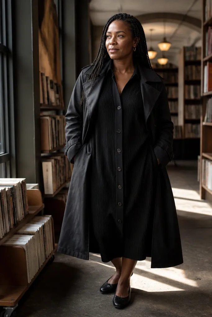 Black cardigan dress under a black trench with ballet flats