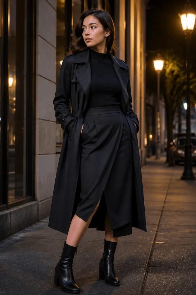 Black wrap skirt with a fitted long-sleeve top and chunky heel boots under a black trench