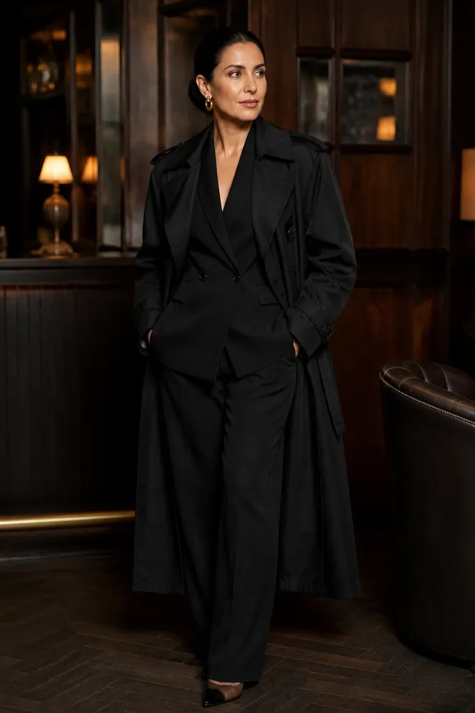 Black suit set with a black trench and statement earrings