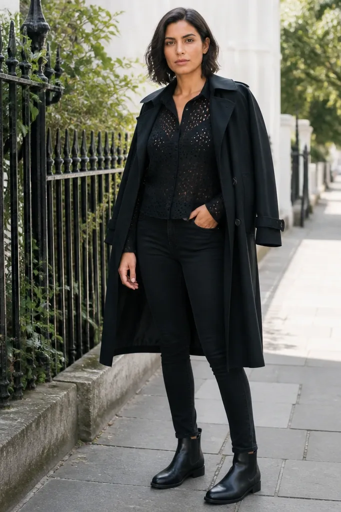 Black eyelet blouse with skinny black pants and Chelsea boots under a black trench