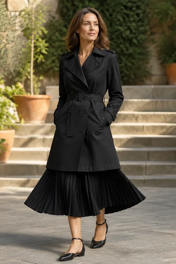 Black ribbed tank with a pleated black midi skirt and ankle-strap flats under a black trench