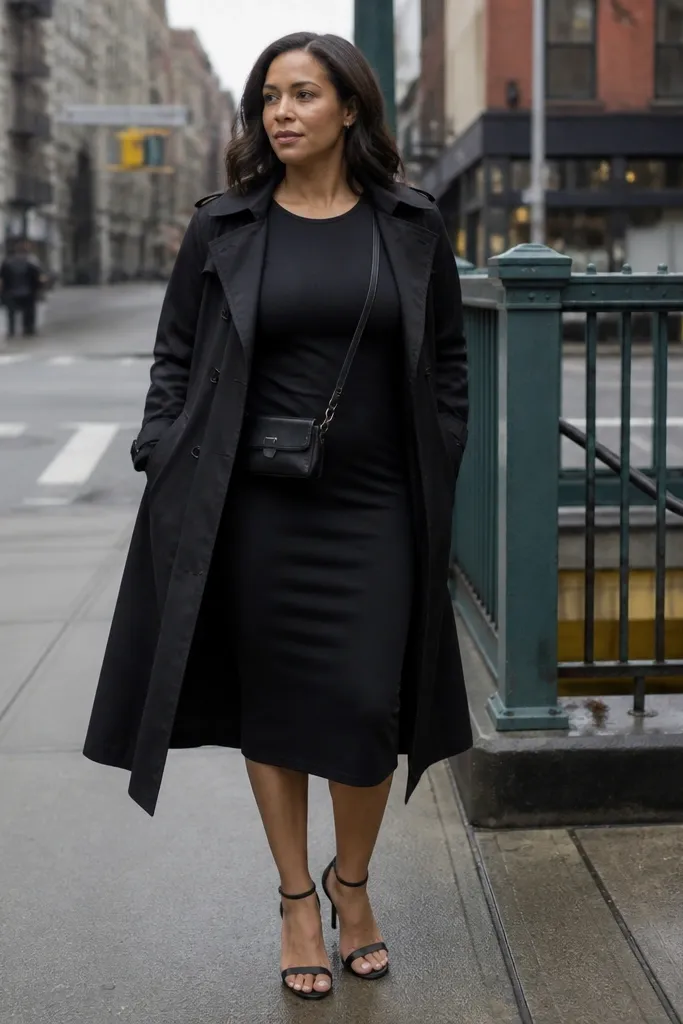 Black long-sleeve bodycon dress under an open black trench with a thin belt bag
