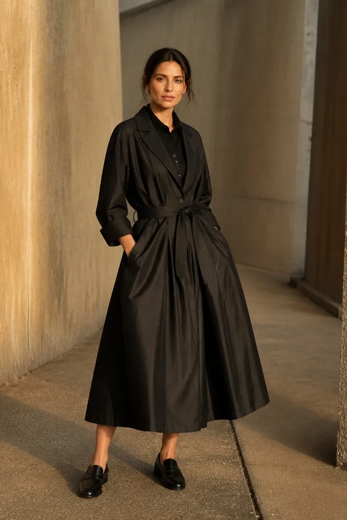 Black taffeta midi skirt with a button-up shirt under a black trench with rolled cuffs