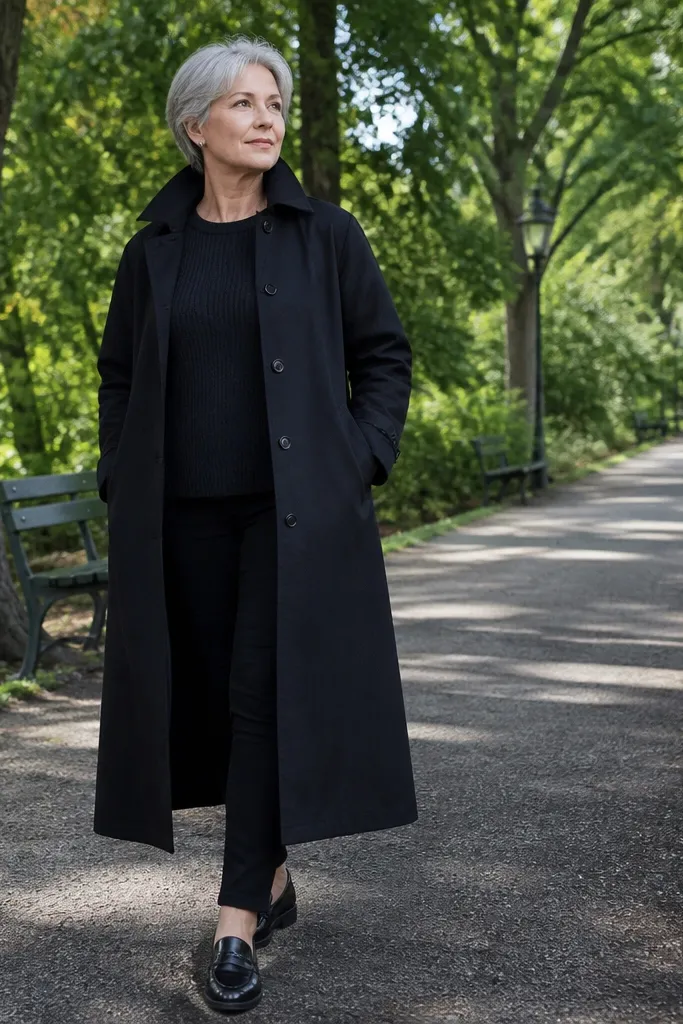 Black sweater vest over a black shirt with pencil jeans under a long black trench