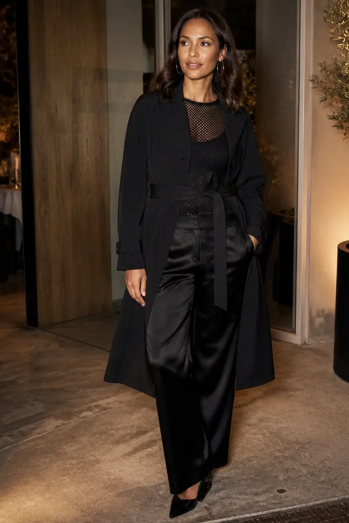 Black mesh top with satin black trousers under a belted black trench