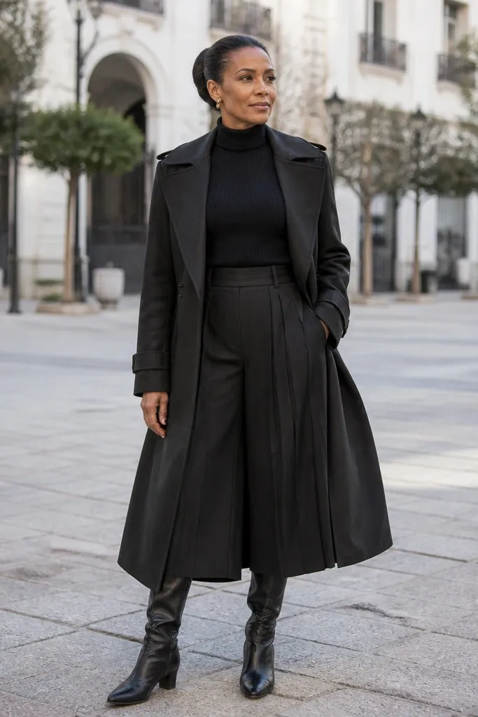 Black pleated culottes with a fitted turtleneck and knee boots under a black trench
