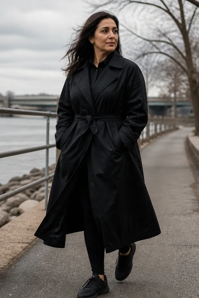Oversized black button-up with black leggings under a tied black trench