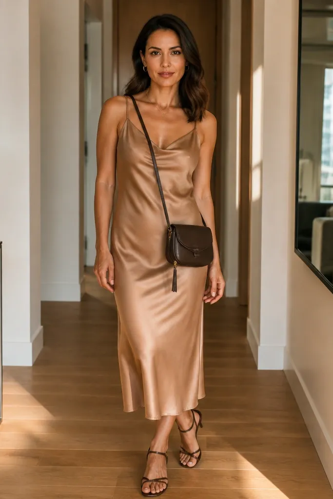 Camel satin slip midi dress with espresso strappy heels and gold jewelry