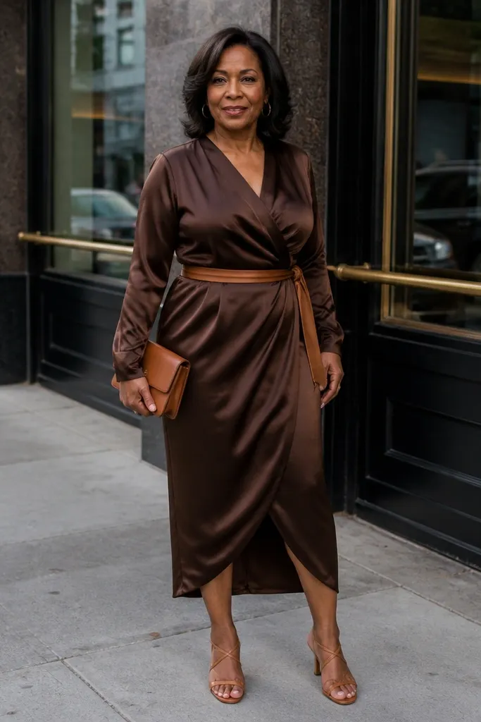 Chocolate satin wrap midi dress with a tan tied belt and brown heeled sandals