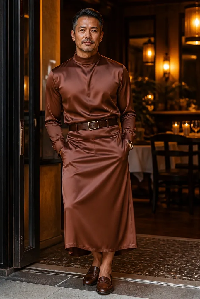 Rusted bronze satin high-neck midi dress with brown loafers and small gold earrings