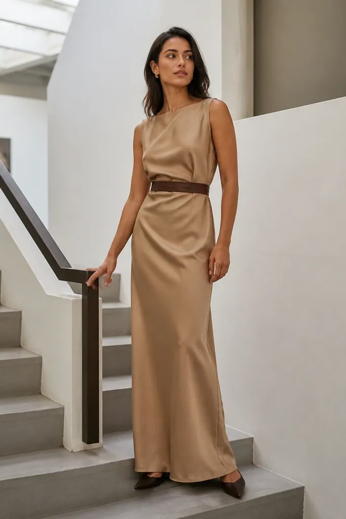 Sandy tan satin column maxi dress with an espresso waist belt and gold bangles