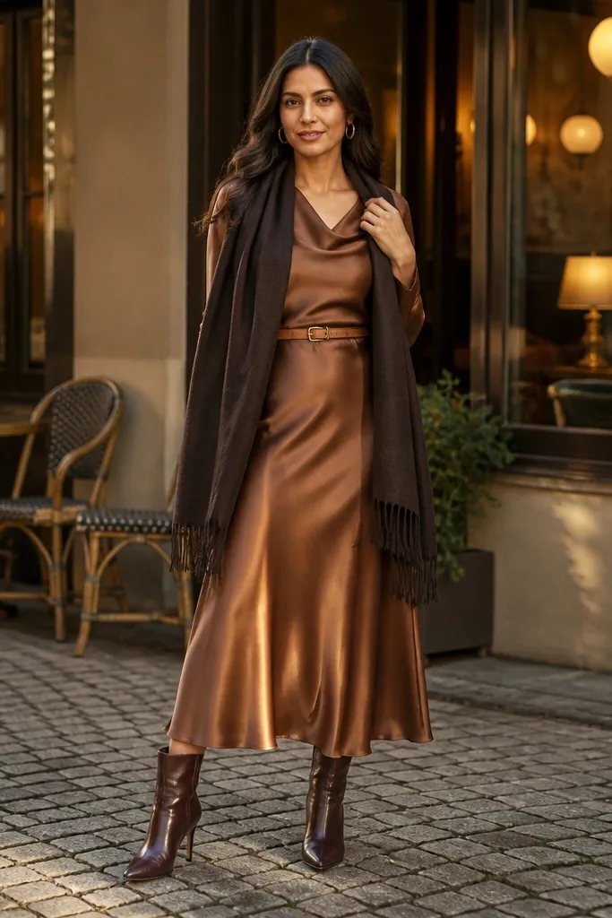 Cognac satin bias-cut midi dress with a dark brown scarf and brown heels