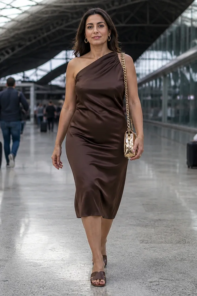 Deep brown one-shoulder satin midi dress with gold chain bag and gold jewelry