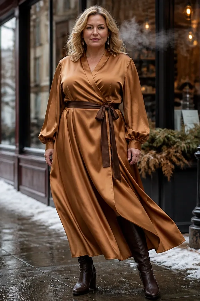 Caramel satin wrap maxi dress with espresso knee-high boots and a small clutch
