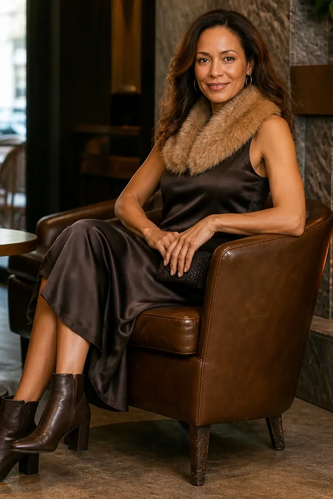 Espresso satin slip dress with a camel faux-fur scarf collar and gold earrings