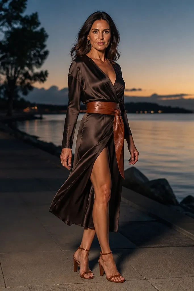 Espresso satin split midi dress with a cognac waist sash and heeled sandals