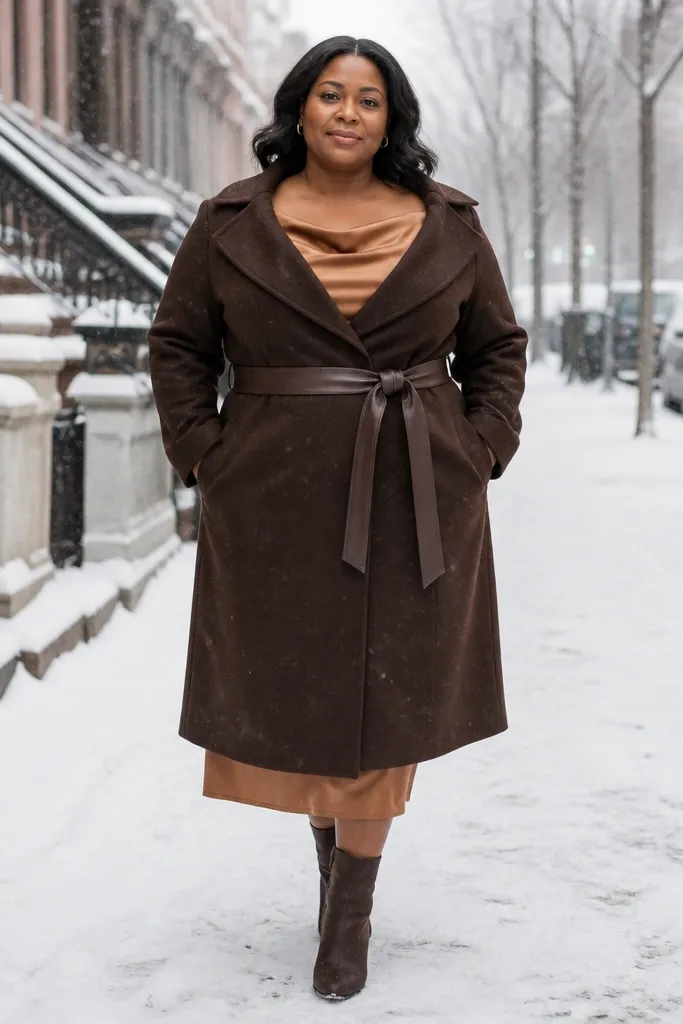 Caramel satin off-shoulder midi dress with an espresso belted coat