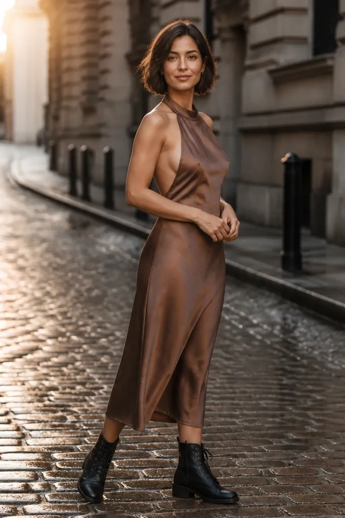 Mocha halter satin midi with black lace-up boots and a gold hoop bag.