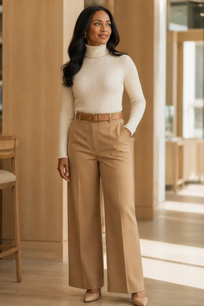 Cream turtleneck tucked into camel wide-leg trousers with tan loafers