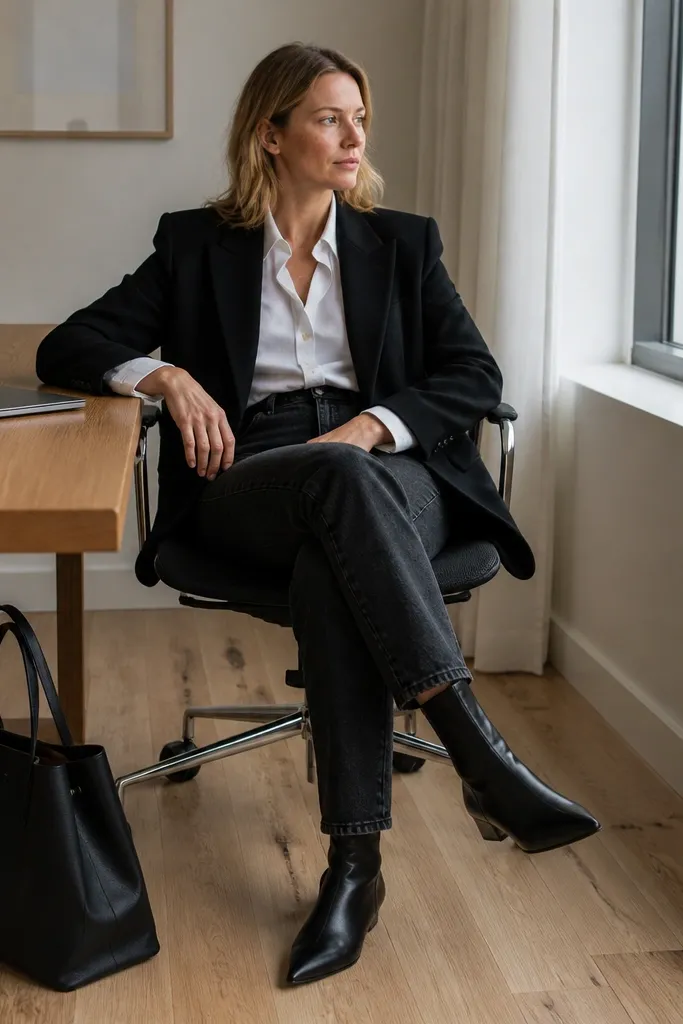 Black blazer over white shirt with charcoal jeans and black pointed flats