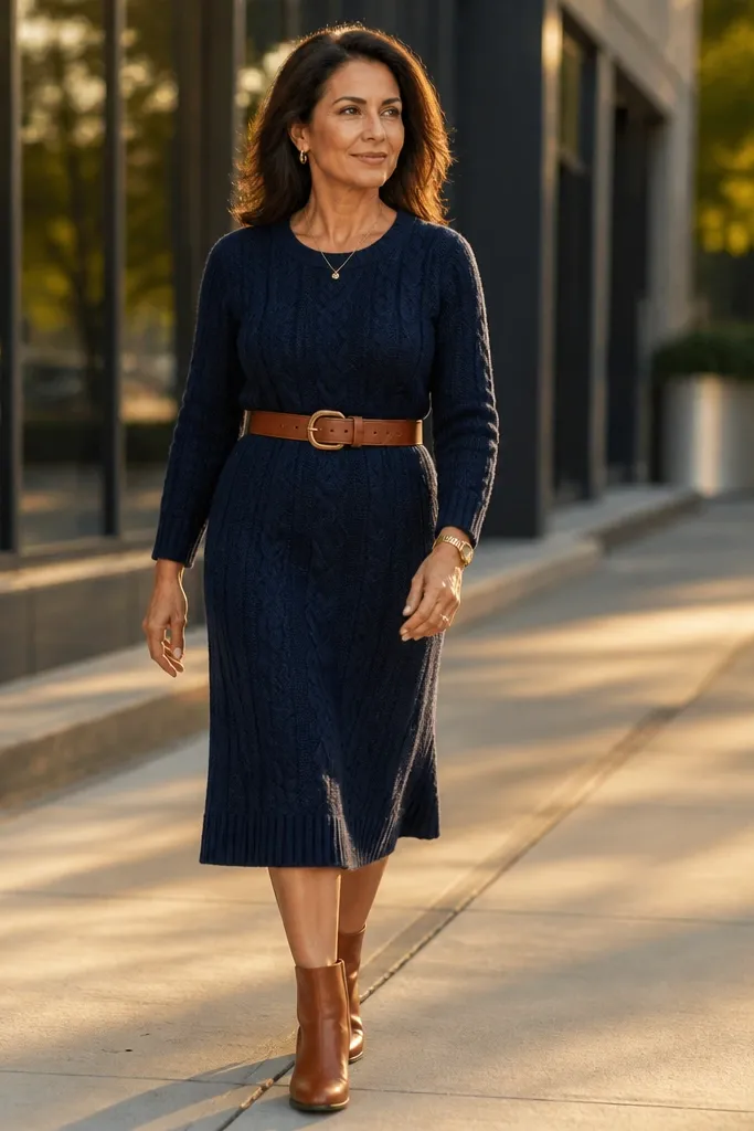 Navy sweater dress cinched with belt and cognac ankle boots