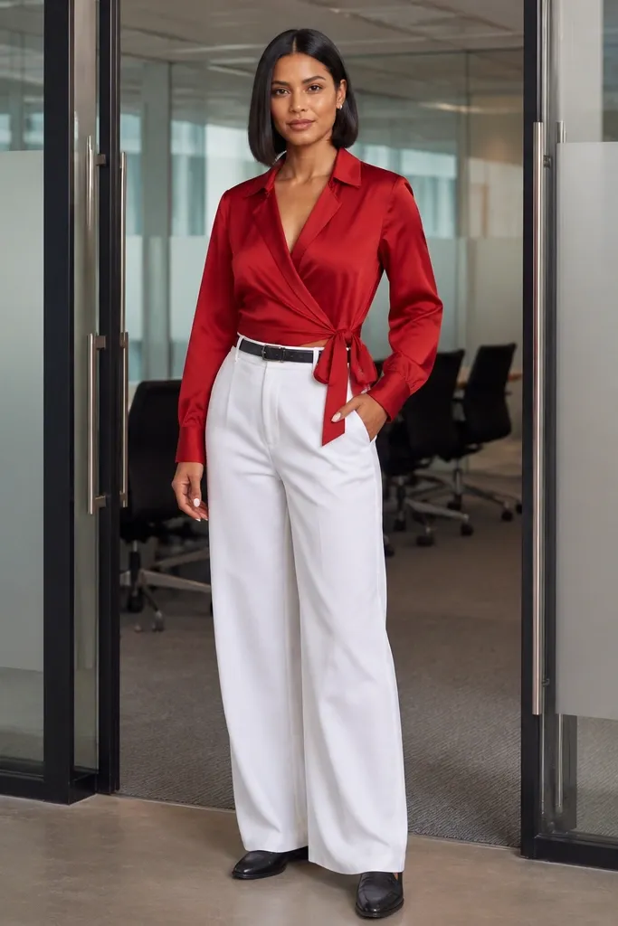 Red wrap blouse with white wide-leg pants and red-and-gold flats