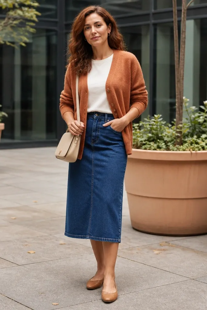 Terracotta cardigan over cream tee with denim midi skirt and tan sandals