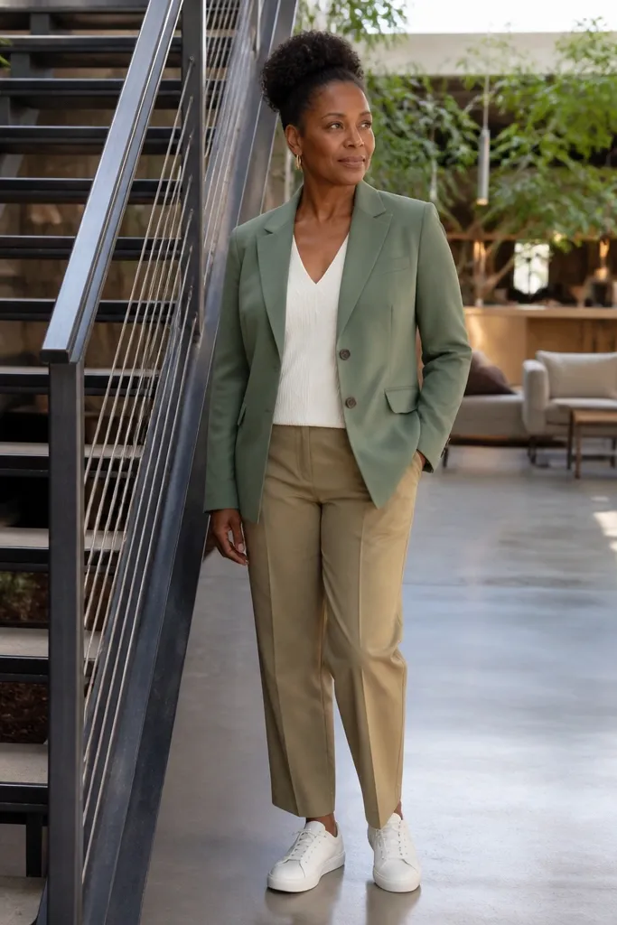 Sage green blazer with tan trousers and clean white sneakers
