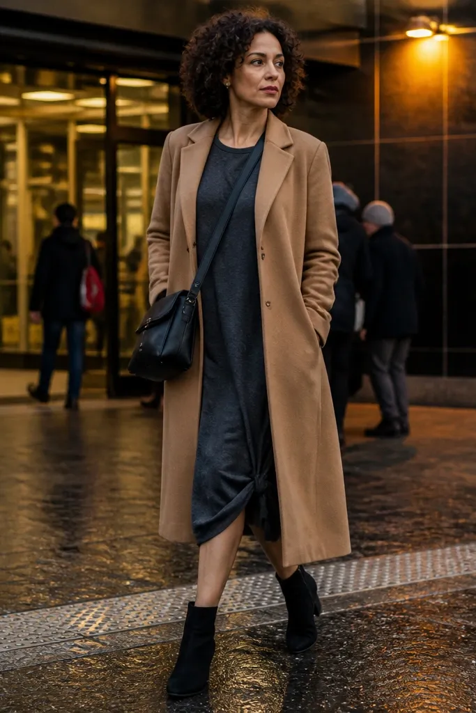 Charcoal t-shirt dress with longline camel coat and black ankle boots