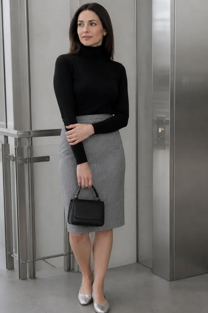 Black turtleneck with silver-gray pencil skirt and black heels