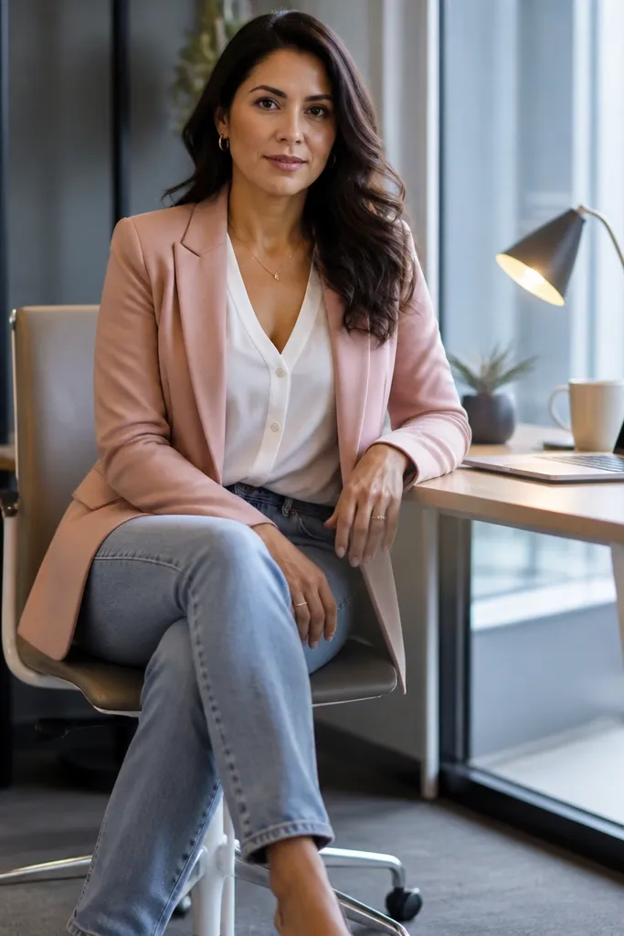 Pink blazer over white blouse with light-wash straight jeans and white sneakers