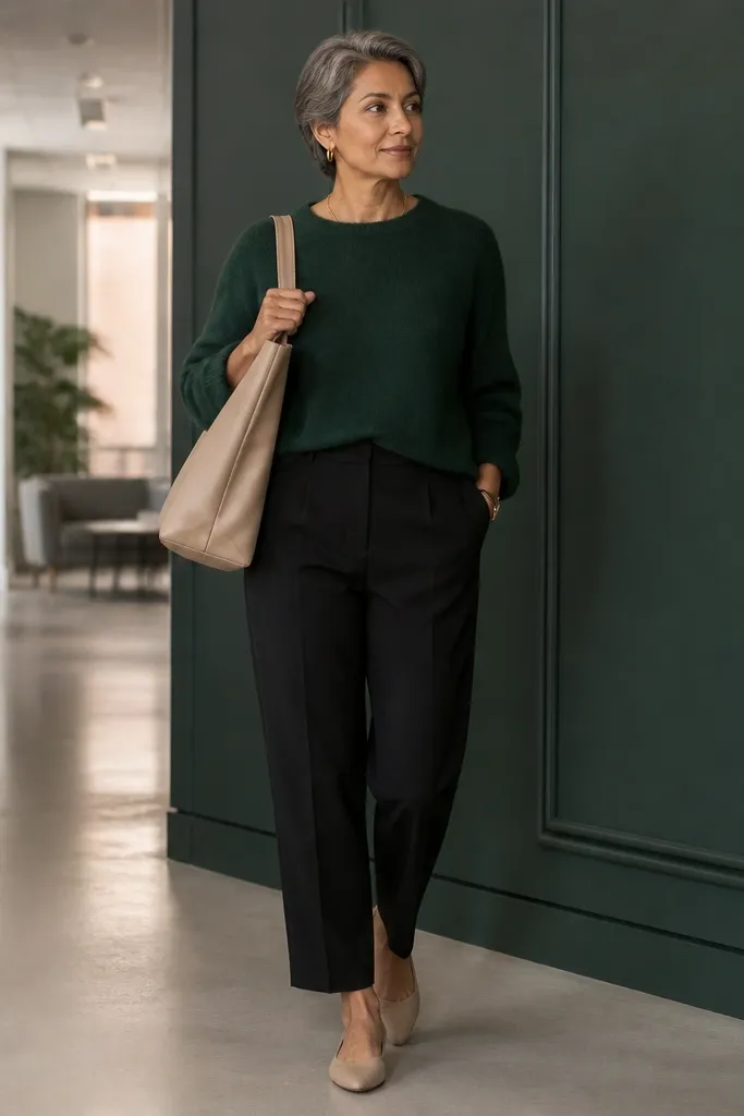 Deep green sweater with black ankle trousers and beige tote