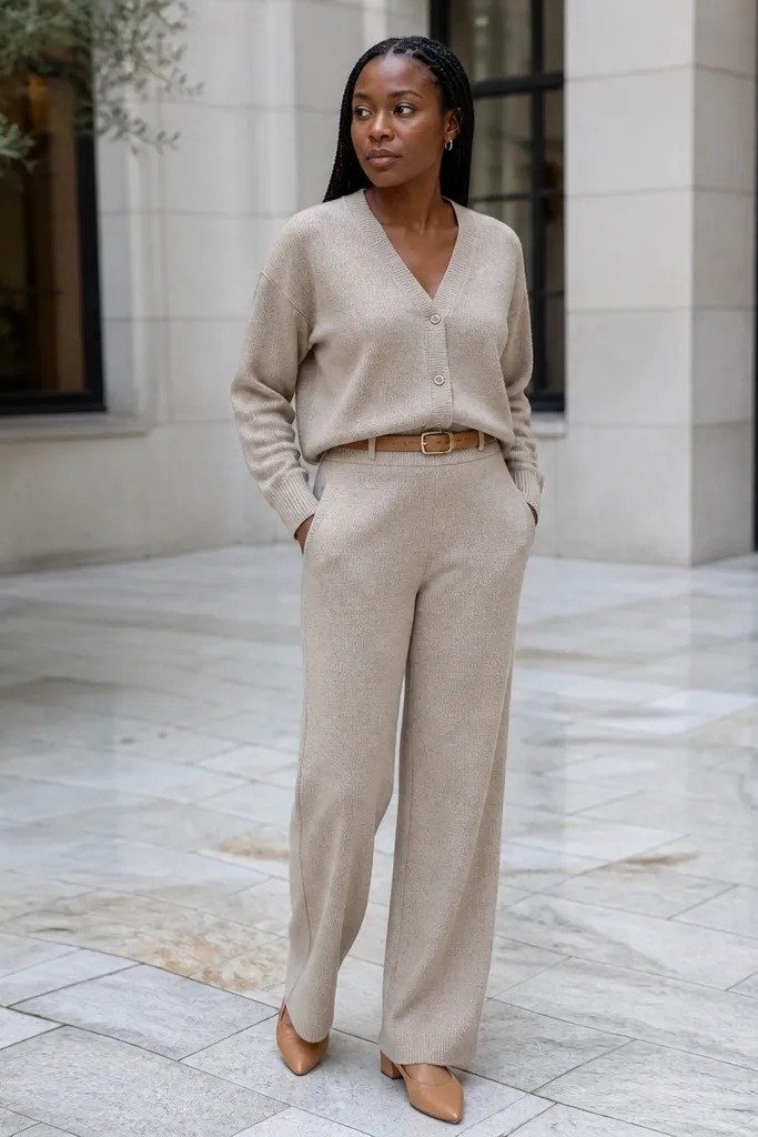 Oatmeal blouse and trousers with tan belt and brown loafers