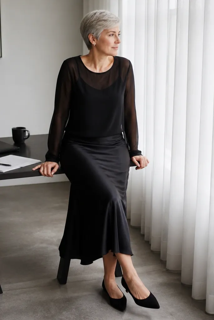 Black slip skirt with layered top and black pointed flats