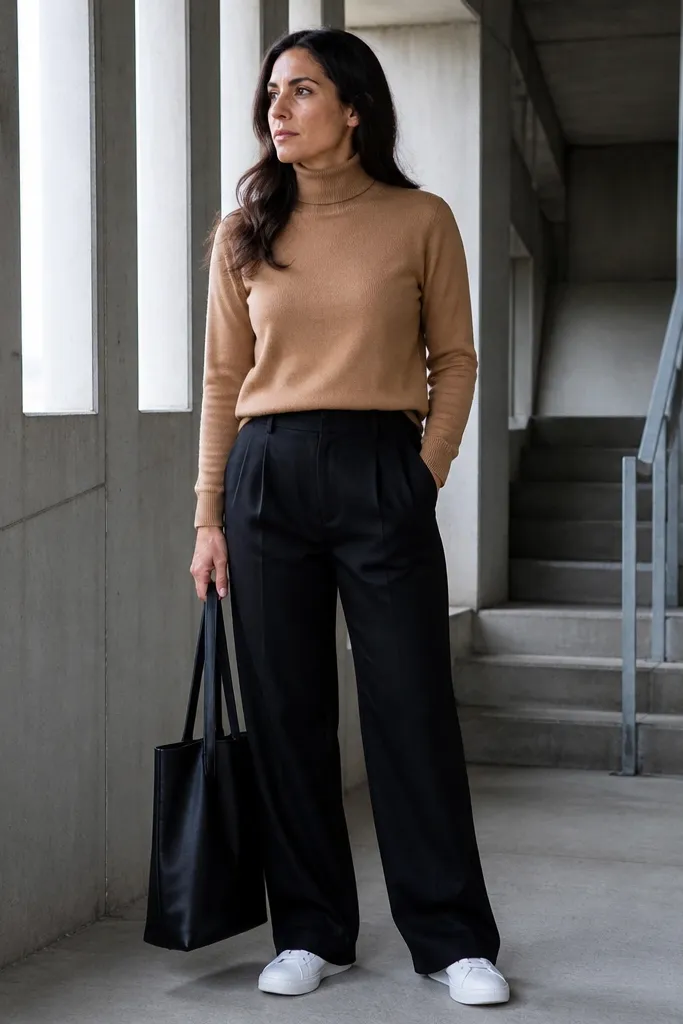 Camel turtleneck with black wide trousers and white sneakers