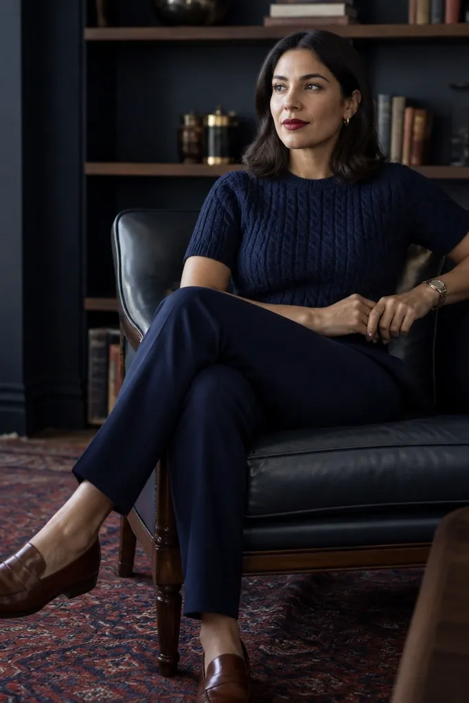 Navy textured knit with navy trousers and brown loafers