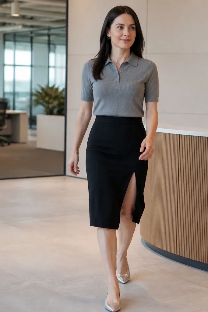 Gray knit polo with black skirt and silver flats